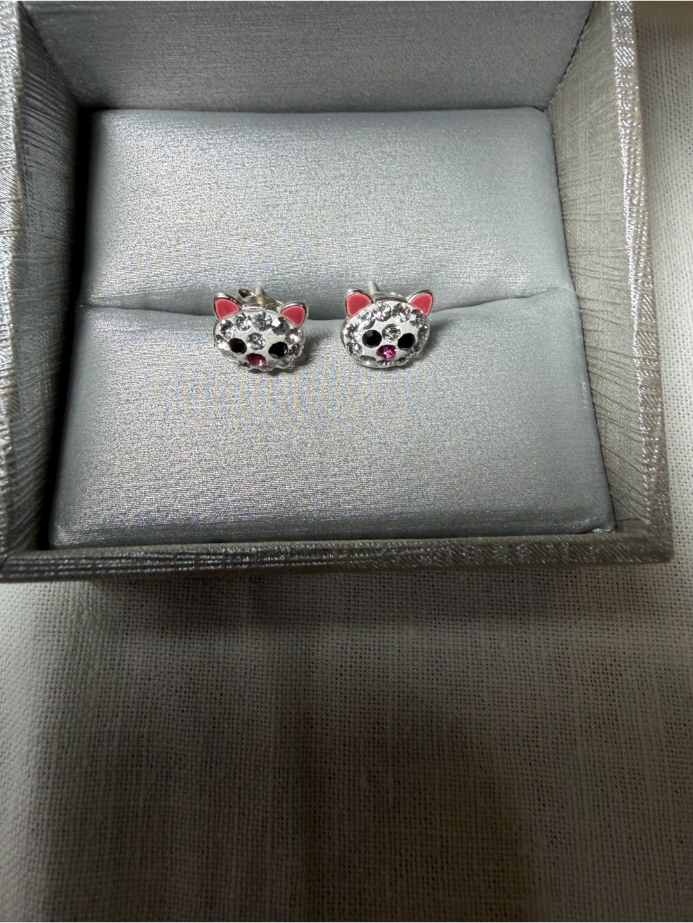 Kids Silver Cat Face Stud Earrings with Pink Accents